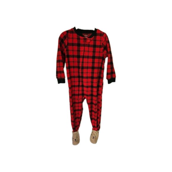 Carter's Bear Fleece PJ Footie Sleeper Toddler Buffalo Plaid Red 2T Christmas - Picture 1 of 11